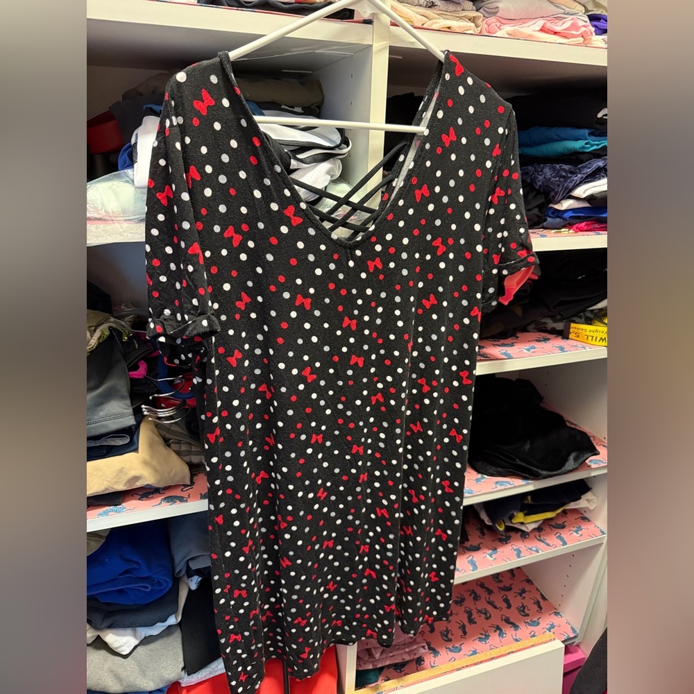 Disney Minnie bow gray/black/white polka dots dress XL